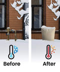 Super Tough Extra Thick Insulated Winter Pipe Cover Protects Backflow Preventers Pumps Sprinklers Valves From Freezing With Uv Coated Eva Nbr Foam In Harsh Cold Weather Twenty Four Inch By Thirty Six Inch Size showing before and after installation in snowy outdoor area