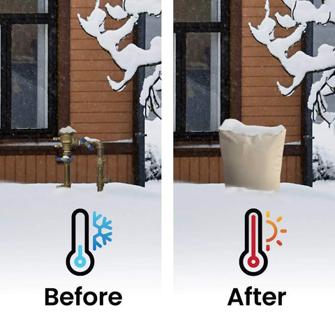 Super Tough Extra Thick Insulated Winter Pipe Cover Protects Backflow Preventers Pumps Sprinklers Valves From Freezing With Uv Coated Eva Nbr Foam In Harsh Cold Weather Twenty Four Inch By Thirty Six Inch Size showing before and after installation in snowy outdoor area