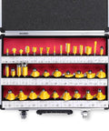 Badass 35 Piece Router Bit Set Offering Rock Solid Quarter Inch Shank Construction Premium Tungsten Carbide Tips displayed in a case.