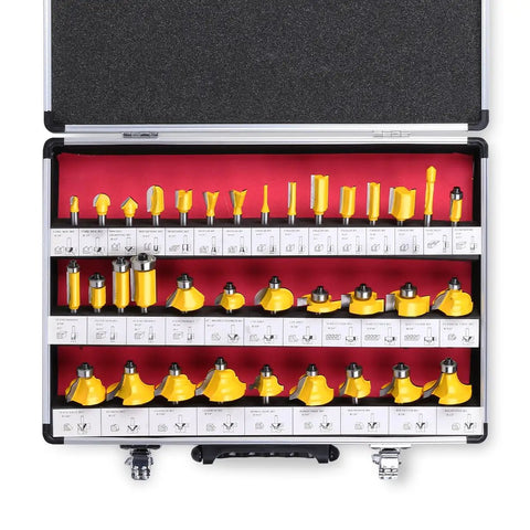 Badass 35 Piece Router Bit Set Offering Rock Solid Quarter Inch Shank Construction Premium Tungsten Carbide Tips displayed in a case.