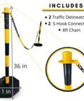 Two Pack Traffic Delineator Poles With Chain Included Portable Fillable Base No More Cones For Parking Lots Construction Sites Road Markers Street Stanchions Black Yellow, showing dimensions and components.
