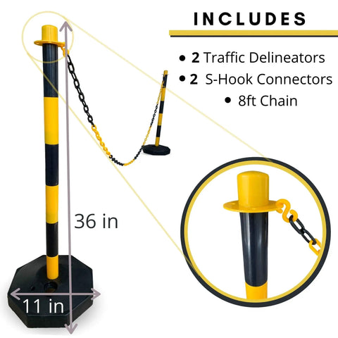 Two Pack Traffic Delineator Poles With Chain Included Portable Fillable Base No More Cones For Parking Lots Construction Sites Road Markers Street Stanchions Black Yellow, showing dimensions and components.