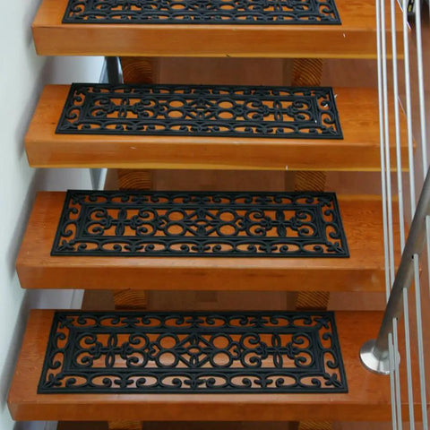 6 Piece Regal Stair Treads Rubber Step Mats For Indoor Use, Non Slip, 9.75x29.75 Inches, Black, natural rubber on wooden stairs