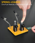 Helping Hands Soldering Station With 2 Way Magnetic PCB Holder Clamps shown with spring-loaded jaws releasing PCB