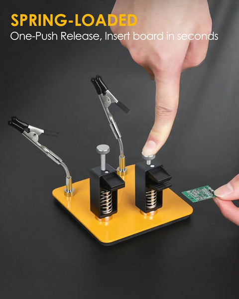 Helping Hands Soldering Station With 2 Way Magnetic PCB Holder Clamps shown with spring-loaded jaws releasing PCB