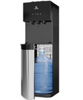Bottom Loading Water Cooler Dispenser With Three Temperature Settings Hot Cold And Room Water No Fuss Stainless Steel Cabinet UL Energy Star Approved, showing front view with open stainless cabinet.