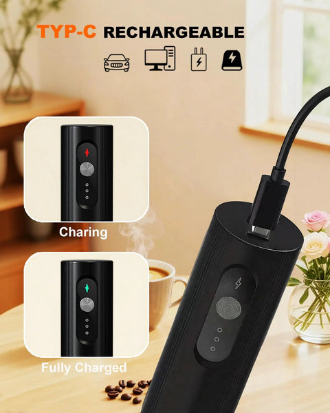 Soenglyun 3 Speed Rechargeable Milk Frother Handheld Press With Travel Cover Quiet Foam Maker showing USB-C charging indicators.
