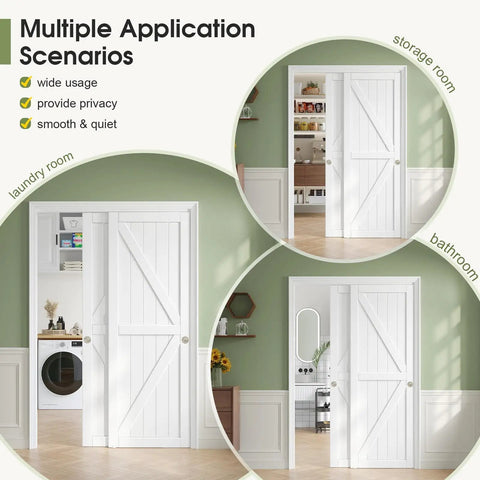 Sliding Closet Doors 48 By 80 Inches White Bypass Panels Double 25 Inch Easy Install PVC Exterior With Hidden Track Quiet Rollers Solid Wood Core Space Saving Wardrobe Divider For Bedroom Closet in storage room, laundry room, and bathroom