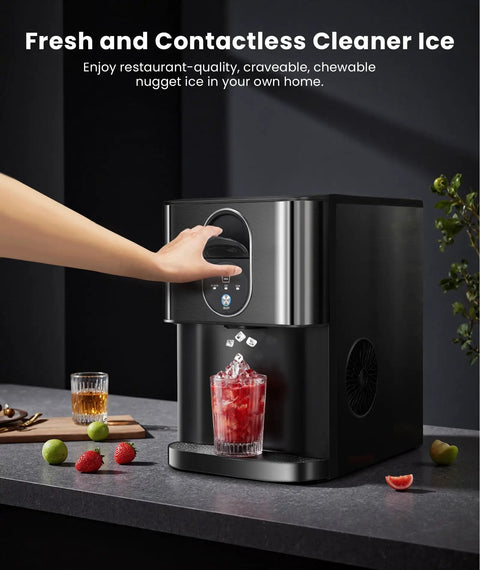 Countertop Nugget Ice Maker With Dispenser For Home Kitchen Bar Office Delivers 44 Lbs Per Day Of Chewable Nugget Ice Self Cleaning Removable Two Point Four Liter Water Tank One Click Operation Black showing ice dispensing