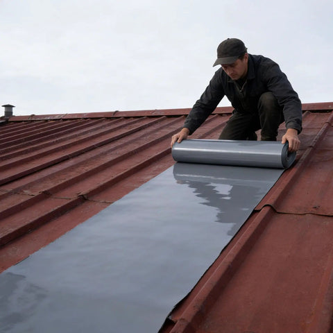 Man applying Ridiculously Durable Peel And Stick Waterproof Roofing Roll 39 X 32 Foot self adhesive membrane on metal roof.