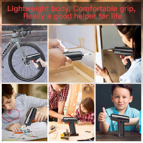 Collage showcasing Cordless Electric Screwdriver Set Red, Rechargeable Precision Power Screwdriver with High Capacity Battery in various uses.