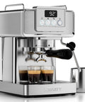 Premium 20 Bar Espresso Machine With Sleek Stainless Steel Finish And Heavy Duty Milk Frother For Bold Barista Style Shots And Smooth Latte Brews That Always Hit Different showing dual espresso shots and frother.