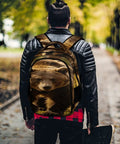 Forest Striding Brown Bear Printed Unisex Backpack with large capacity worn by person walking outdoors