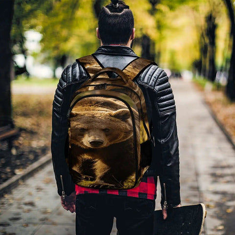 Forest Striding Brown Bear Printed Unisex Backpack with large capacity worn by person walking outdoors