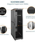 Heavy Duty 42U Server Rack Network Cabinet Built For 19 Inch Servers Featuring Secure Locking Mesh Doors showing top-mounted fans and removable side panels.