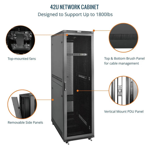 Heavy Duty 42U Server Rack Network Cabinet Built For 19 Inch Servers Featuring Secure Locking Mesh Doors showing top-mounted fans and removable side panels.