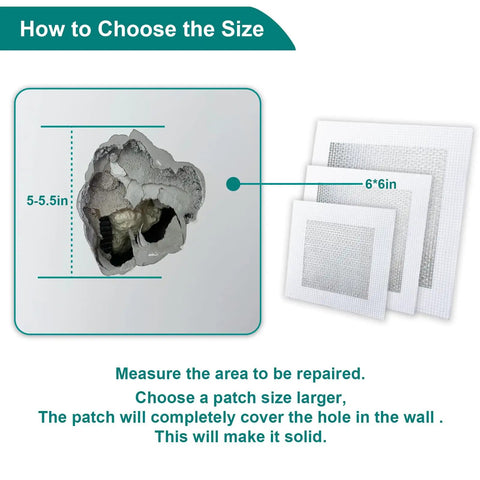 Guide on choosing patch size for 10 Pack Drywall Repair Kit For Large Holes And Small Nail Holes with 4/6/8 inch patches.