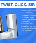 Easy Install Chrome Faucet Mount Water Filter Gives Instant No Wait Filtration attached to a standard sink faucet.