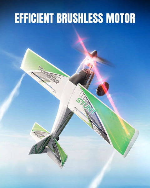 TrainStar 500mm Brushless RC Plane Ready To Fly With 6 Axis Gyro, 3 Flight Modes And Aerobatics in flight, showcasing brushless motor.