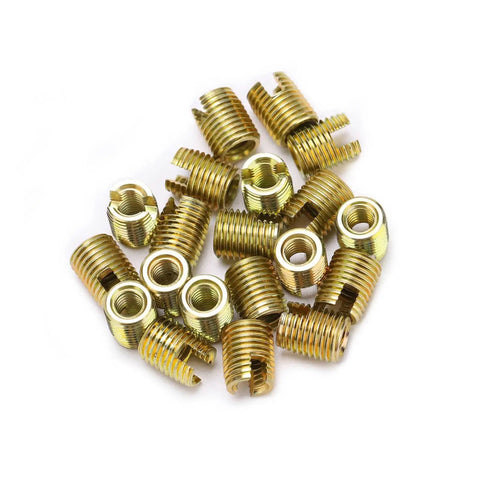 Heavy Duty 20 Piece Self Tapping Thread Inserts With Inner M12 1.75 And Outer M16 1.5 Made From Tough 302 Carbon Steel, gold metal inserts.