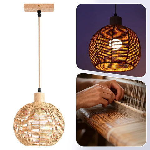 ZEORIVAX Rattan Pendant Light Fixture Bohemian Chandelier Large Semicircle hanging with handwoven rattan shade.