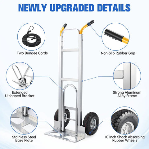 Heavy Duty Aluminum Hand Truck Dolly Cart With Ten Inch Pneumatic Tires Extendable Frame Delivers 600 Pound Capacity features