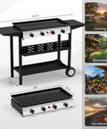 Four Burner Portable Propane Griddle With Electronic Ignition 40,000 BTU Flat Top Gas Grill Rolling Cart With Nonstick Enamel Tray