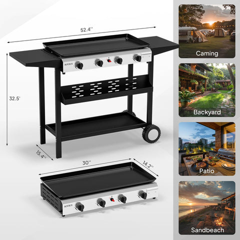 Four Burner Portable Propane Griddle With Electronic Ignition 40,000 BTU Flat Top Gas Grill Rolling Cart With Nonstick Enamel Tray