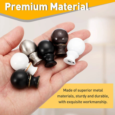 Hand holding various lamp finials including 2 Pack 1.5 Inch Tall Lamp Finials White And Gold With 1/4-27 Thread Cap Knobs And Cleaning Cloth For Table And Floor Lamps Shade Holder Decor
