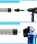 Diamond-coated finger bit, 20 mm diameter with 5/8-11 thread to 3/8 in hex shank adapter; shown with a drill and an angle grinder.