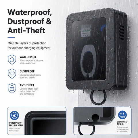 Built Damn Tough Lockable EV Charger Enclosure For Outdoor Use with waterproof features and tempered glass in rain.