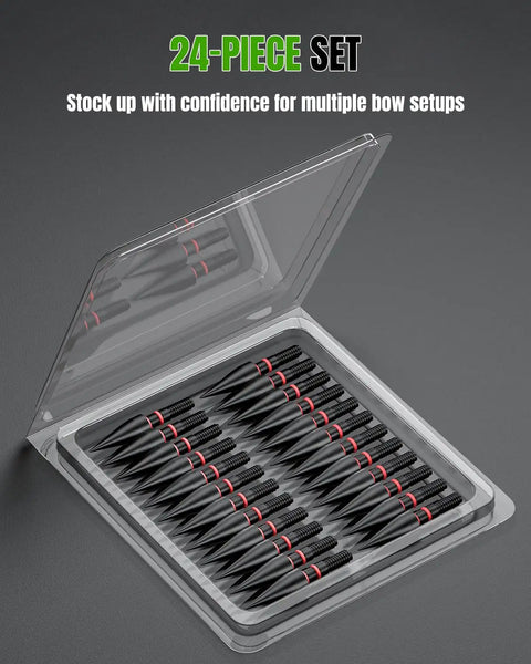 Beefy 100 Grain Screw In Field Tips 24 Pack for arrows in a clear plastic case, visible 5/16 inch steel archery arrowheads.