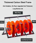 Beefy Heavy Duty Wire Spool Rack Dispenser 1 2 3 4 5 Way Pay Off Organizer with five orange wire spools on steel frame
