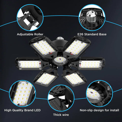 Ultra Bright LED Garage Lights 2 Pack with 6 Plus 1 Adjustable Panels, 18000 Lumens, 6500K Daylight White, E26 Base