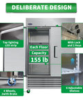 Top Notch Commercial Reach In Upright Freezer 49 Cubic Feet 54 Inch Wide Stainless Steel Frame showing LED lighting, adjustable shelves, and lock features.