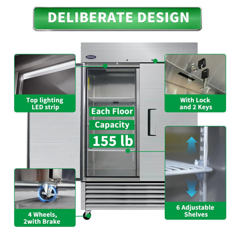 Top Notch Commercial Reach In Upright Freezer 49 Cubic Feet 54 Inch Wide Stainless Steel Frame showing LED lighting, adjustable shelves, and lock features.