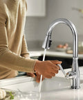 Person using Elmhurst Do-It-All Single-Handle Kitchen Faucet With Pull-Down Sprayer, Chrome Finish, 360 Degree Swivel Gooseneck
