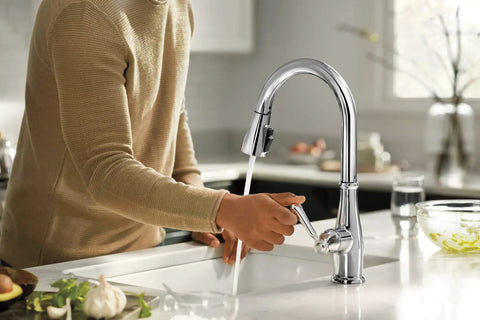 Person using Elmhurst Do-It-All Single-Handle Kitchen Faucet With Pull-Down Sprayer, Chrome Finish, 360 Degree Swivel Gooseneck