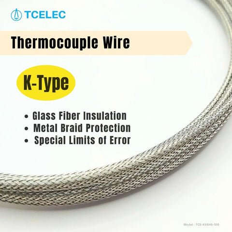 TCELEC K-Type thermocouple wire with stainless braided sheath, model TCE-K05H5-100