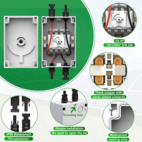 Foolproof Solar Pv Disconnect Switch 32 Amp Dc1500v housing and internal components with waterproof PV connectors.
