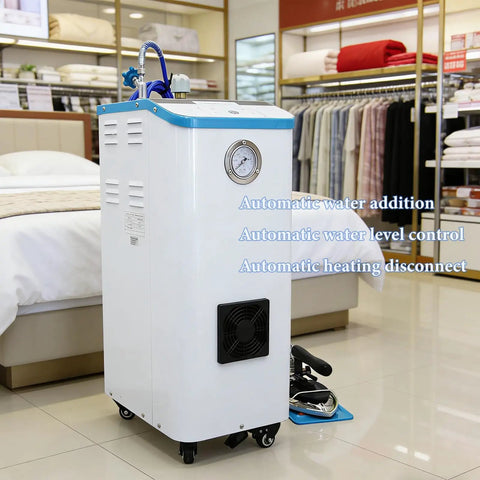 Pro Grade Industrial Steam Generator Boiler With 7 Liter Tank And 3.5 Kilowatt Motor in white with automatic controls for dry cleaning.