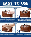Instructional image showing steps to use Leather Repair Glue Cement With Brush For Purses, Sofas, Furniture, Car Seats And Shoes.