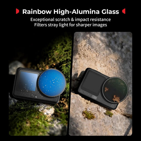 Two images showing the All In One ND Filter Kit For DJI Osmo Action 6 With Five Pack Including CPL ND8 ND16 ND32 Snap On Polarizing Filters