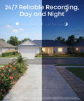 Split view of a residential area showing daytime and nighttime, illustrating 24/7 recording capability for Wired Security Camera With 360 Degree Pan And Tilt, Indoor Outdoor Weatherproof IP66, Dual Antennas, Color Night Vision, Local Storage, No Monthly Fee, AI Human Vehicle Pet Detection, 24x7 Continuous Recording.