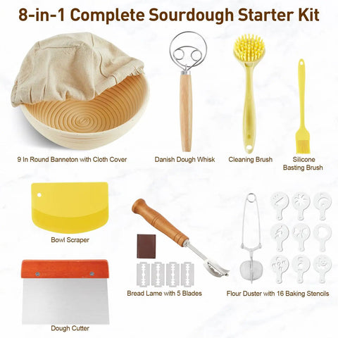 8-in-1 kit with 9 Inch Round Sourdough Bread Proofing Basket And Complete Starter Kit With Dough Whisk, Bread Lame, Scrapers, Brush