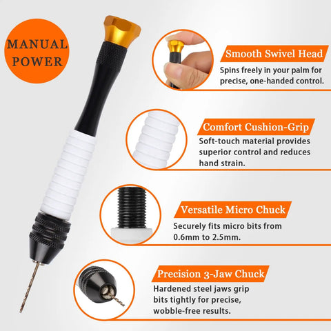 Pin Vise Hand Drill Set With 25 Micro Drill Bits 0.6mm To 2.5mm for Ultra Precise Hobby Drilling on Miniatures and more