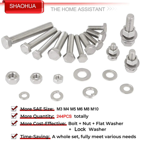 Metric Bolt Assortment Kit 244 Pieces Stainless Steel 304 M3 M10 Hex Bolts, Nuts, Washers, Flat Hex Head Screws
