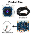 8MP USB Camera Module With 3264x2448 HD Resolution, IMX179 Sensor, 38x38mm board, 2.1mm lens, USB cable, and 4-pin socket.