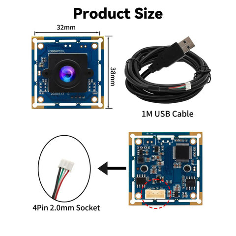 8MP USB Camera Module With 3264x2448 HD Resolution, IMX179 Sensor, 38x38mm board, 2.1mm lens, USB cable, and 4-pin socket.