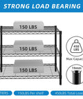 Adjustable Three Tier Metal Wire Shelving Unit In Sleek Black With Flexible Height Configuration Easy Peasy Assembly showing 450 lbs load capacity on heavy duty shelves.